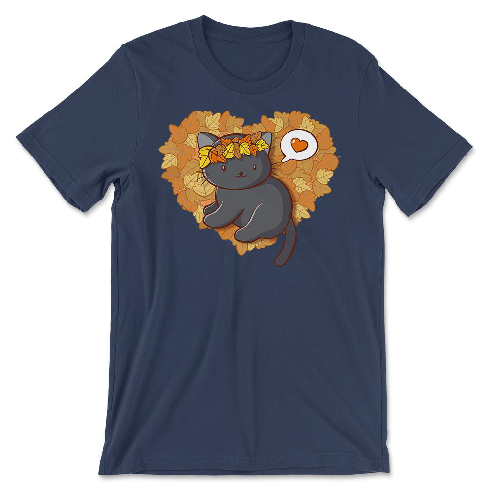 Kawaii Black Cat Autumn Leaves Fall Shirt - Navy