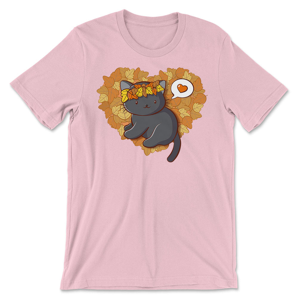 Kawaii Black Cat Autumn Leaves Fall Shirt - Pink