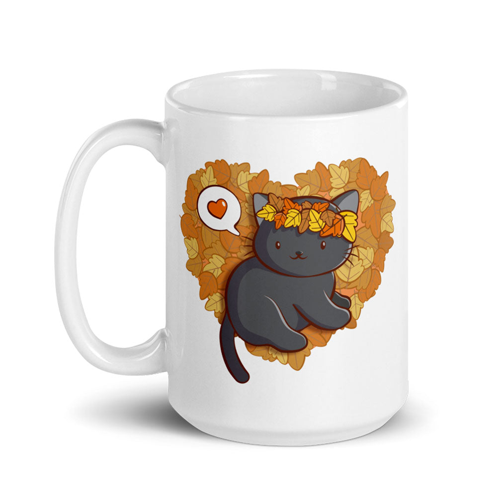 Kawaii Black Cat Fall Coffee Mug - White 15oz