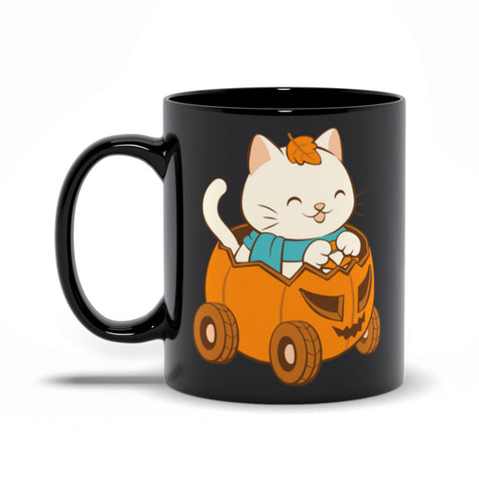 Kawaii Cat in Halloween Pumpkin Cute Fall Mug - black 11oz