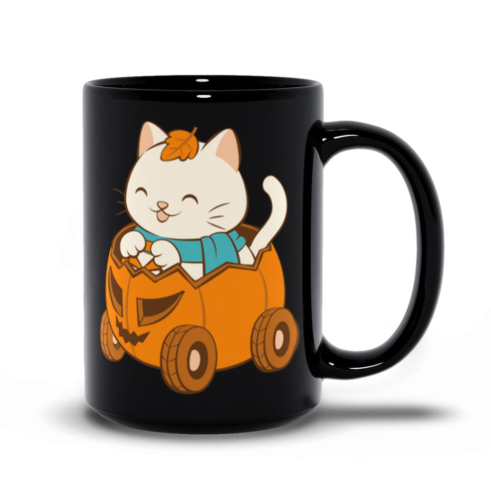 Kawaii Cat in Halloween Pumpkin Cute Fall Mug - black 15oz