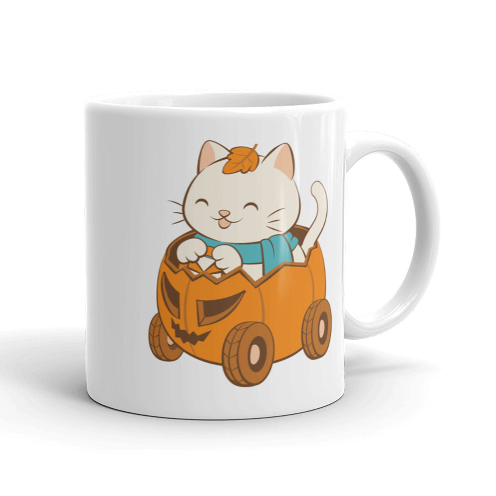 Kawaii Cat in Halloween Pumpkin Cute Fall Mug - White 11oz