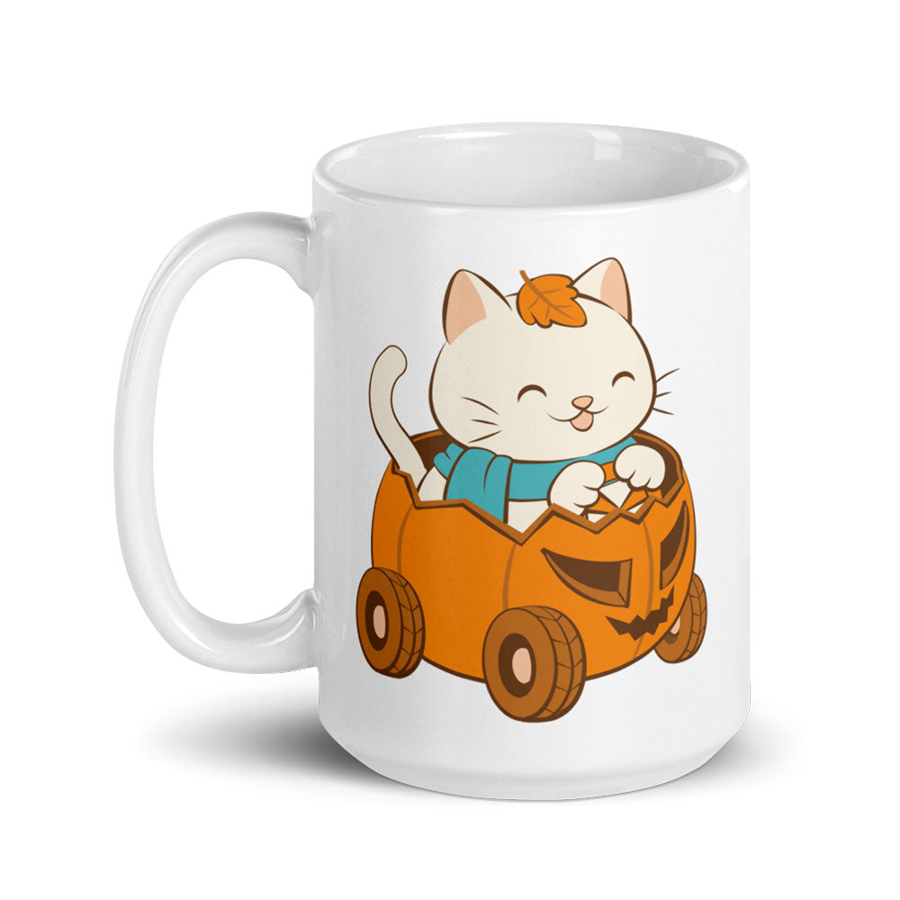 Kawaii Cat in Halloween Pumpkin Cute Fall Mug - white 15oz