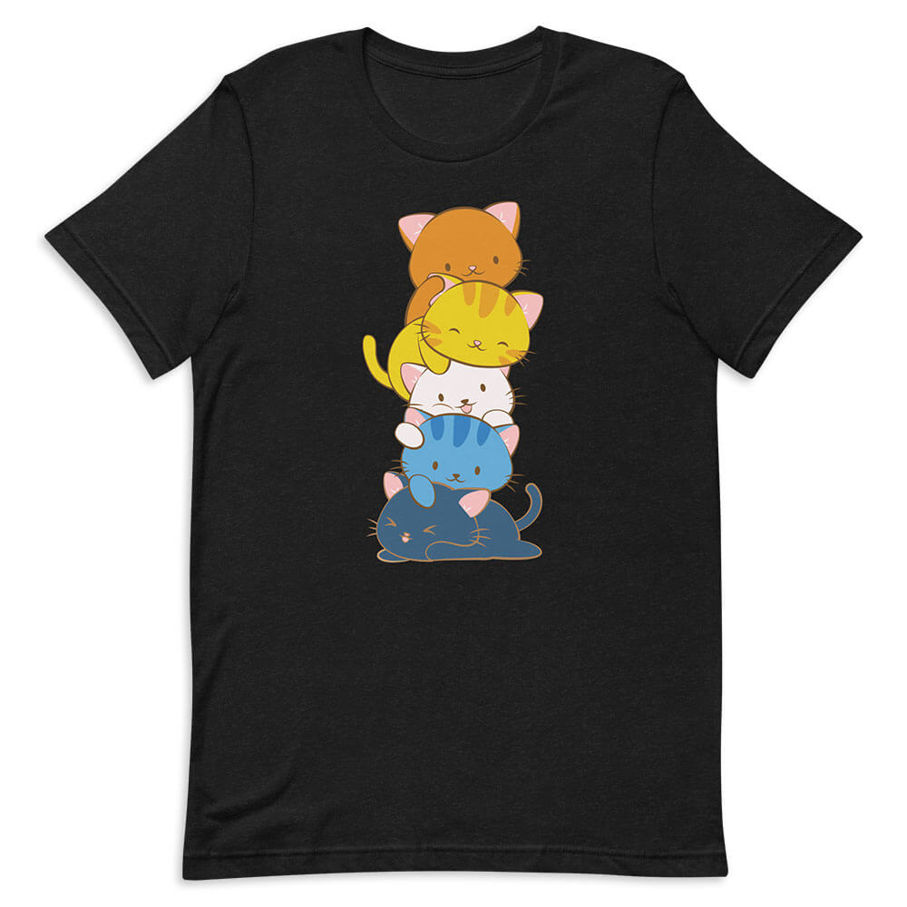 Kawaii Cat Pile Aroace Pride T-Shirt - black
