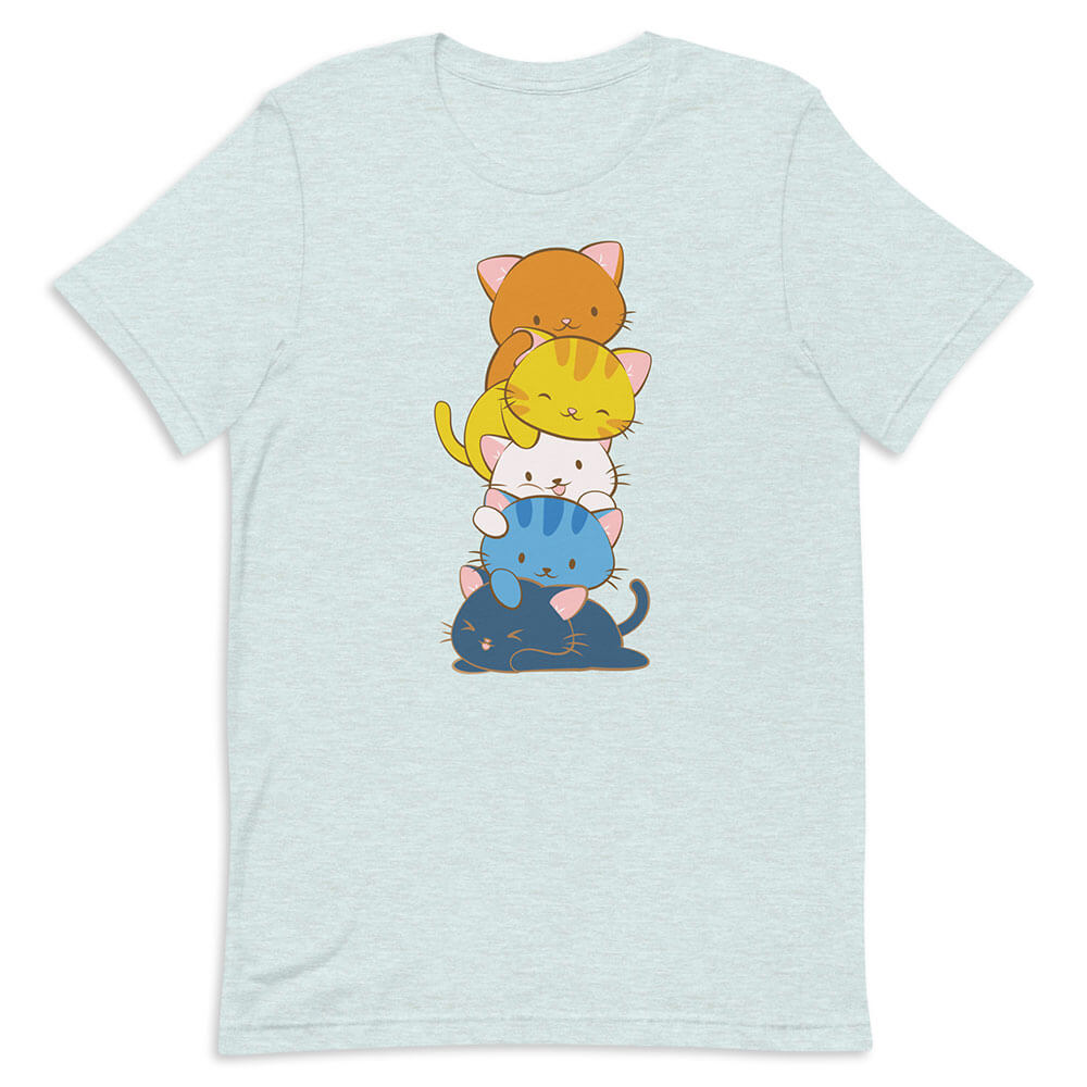 Kawaii Cat Pile Aroace Pride T-Shirt - Heather Ice blue