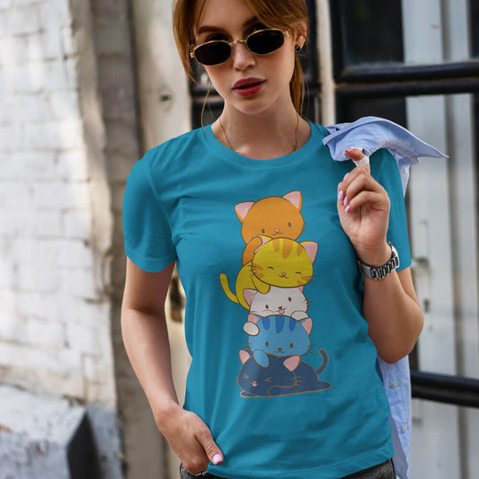 Kawaii Cat Pile Aroace Pride T-Shirt for women