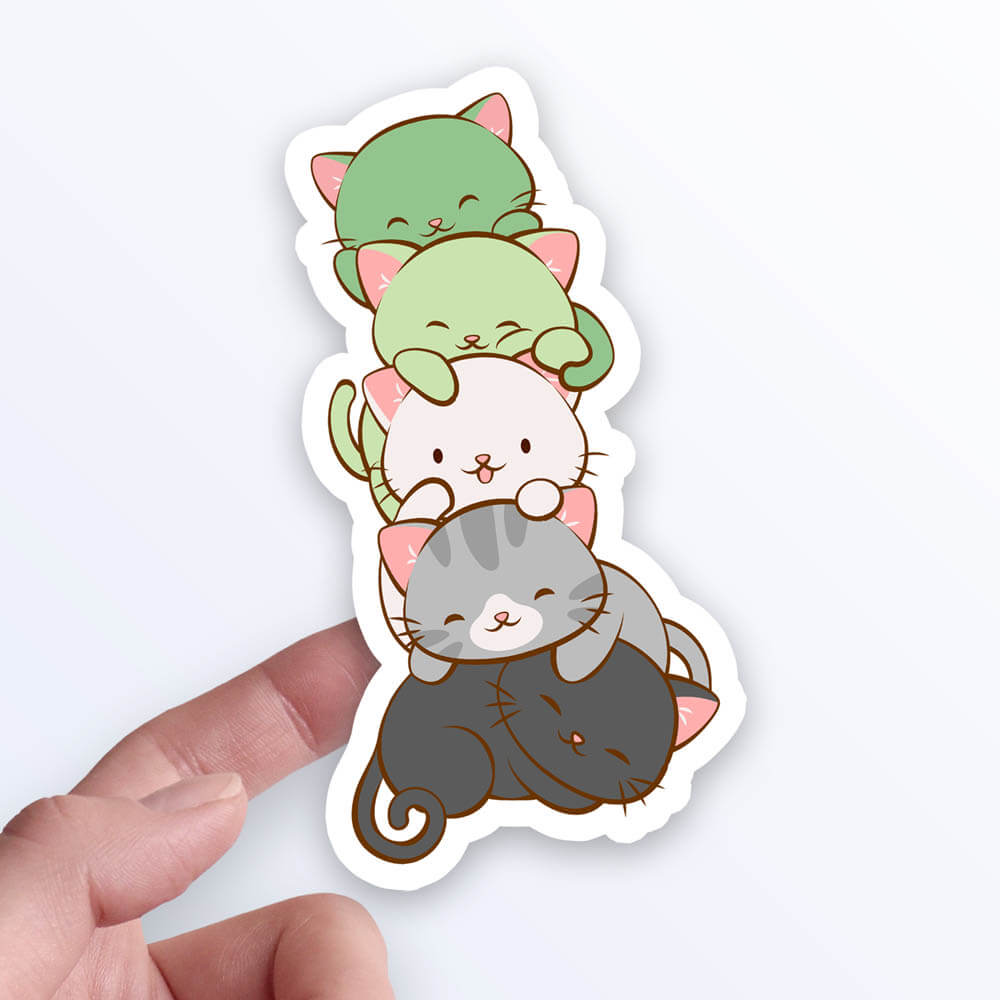 Kawaii Cat Pile Aromantic Pride Sticker on hand