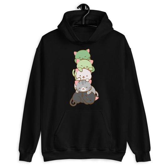 Kawaii Cat Pile Aromantic Pride Hoodie S / Black