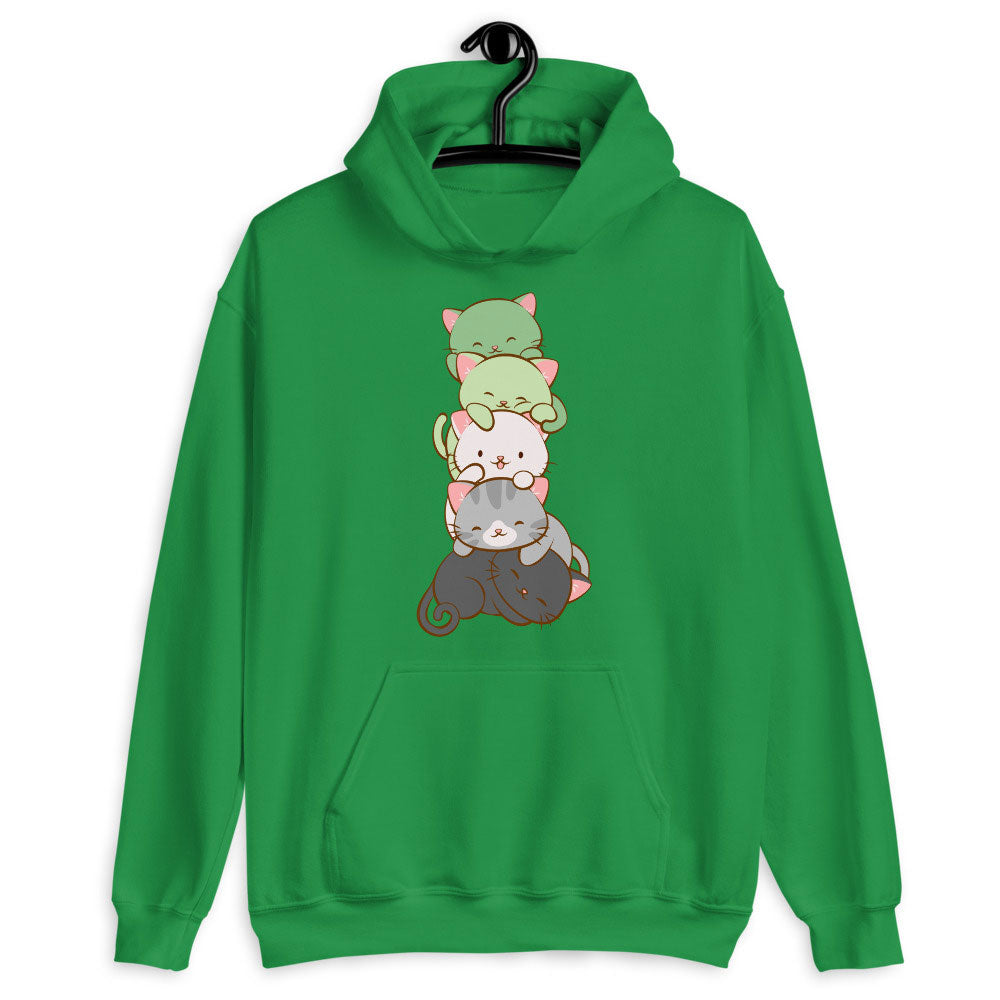 Kawaii Cat Pile Aromantic Pride Hoodie S / Green
