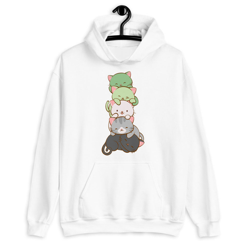 Kawaii Cat Pile Aromantic Pride Hoodie S / White