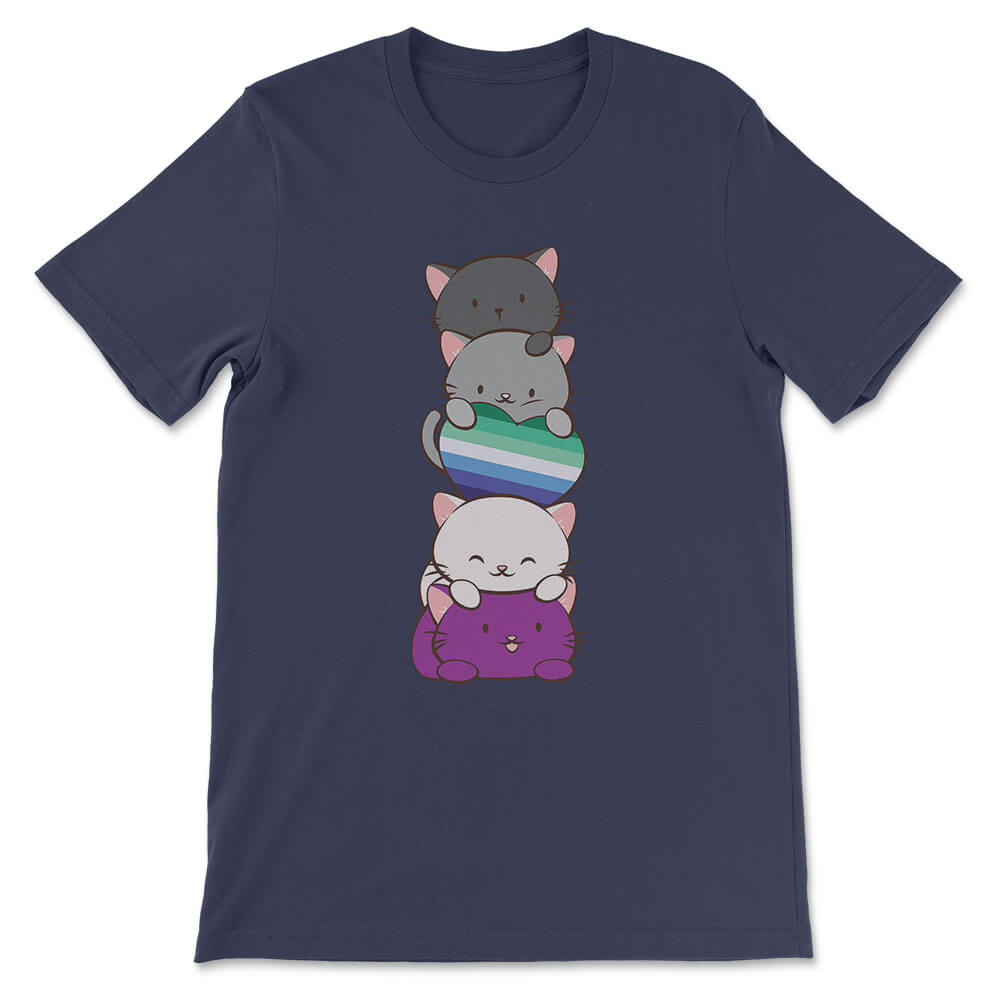 Kawaii Cat Pile Asexual MLM Pride T-Shirt - Navy