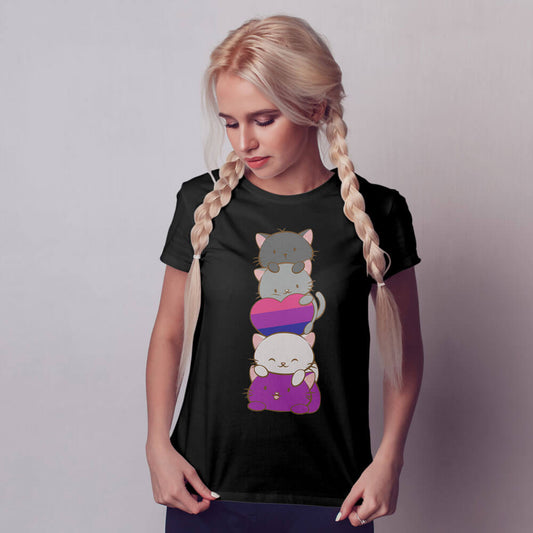 Kawaii Cat Pile Biromantic Asexual Pride T-Shirt for Ace women