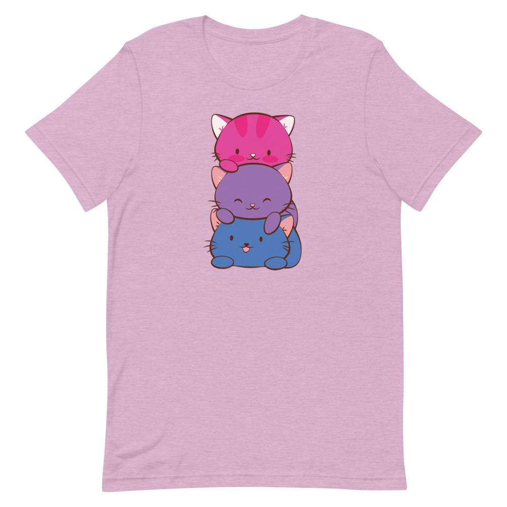 Kawaii Cat Pile Bisexual Pride T-Shirt S / Heather Prism Lilac