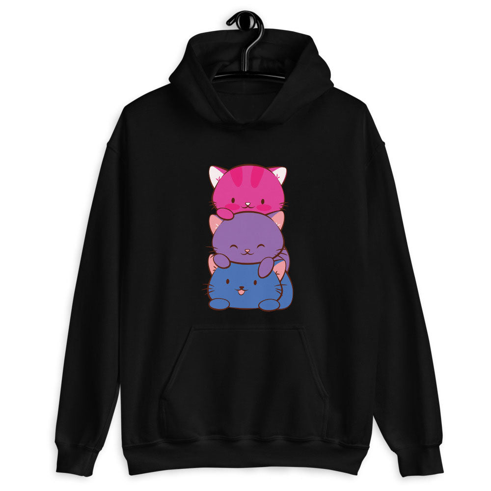 Kawaii Cat Pile Bisexual Pride Hoodie Black / S