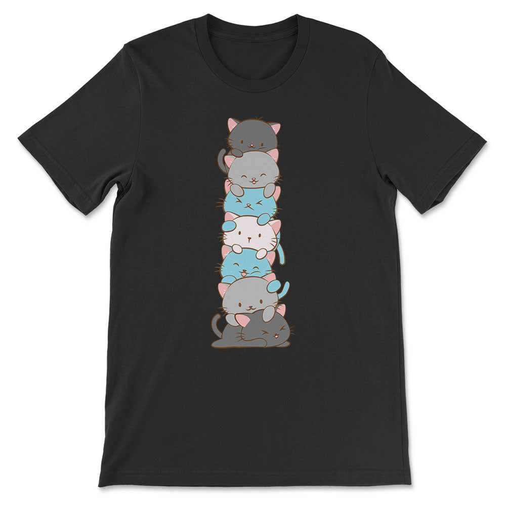 Kawaii Cat Pile Demiboy Pride T-Shirt - black