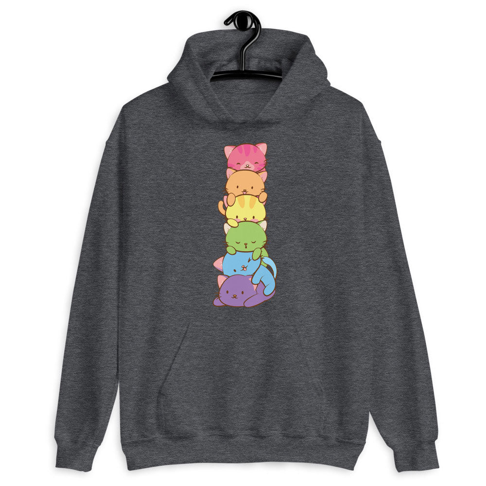 Kawaii Cat Pile Rainbow Gay Pride Hoodie Dark Heather / S