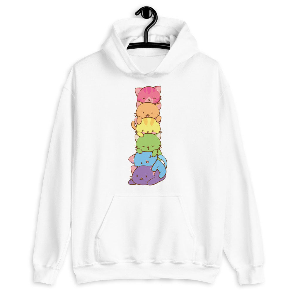 Kawaii Cat Pile Rainbow Gay Pride Hoodie White / S