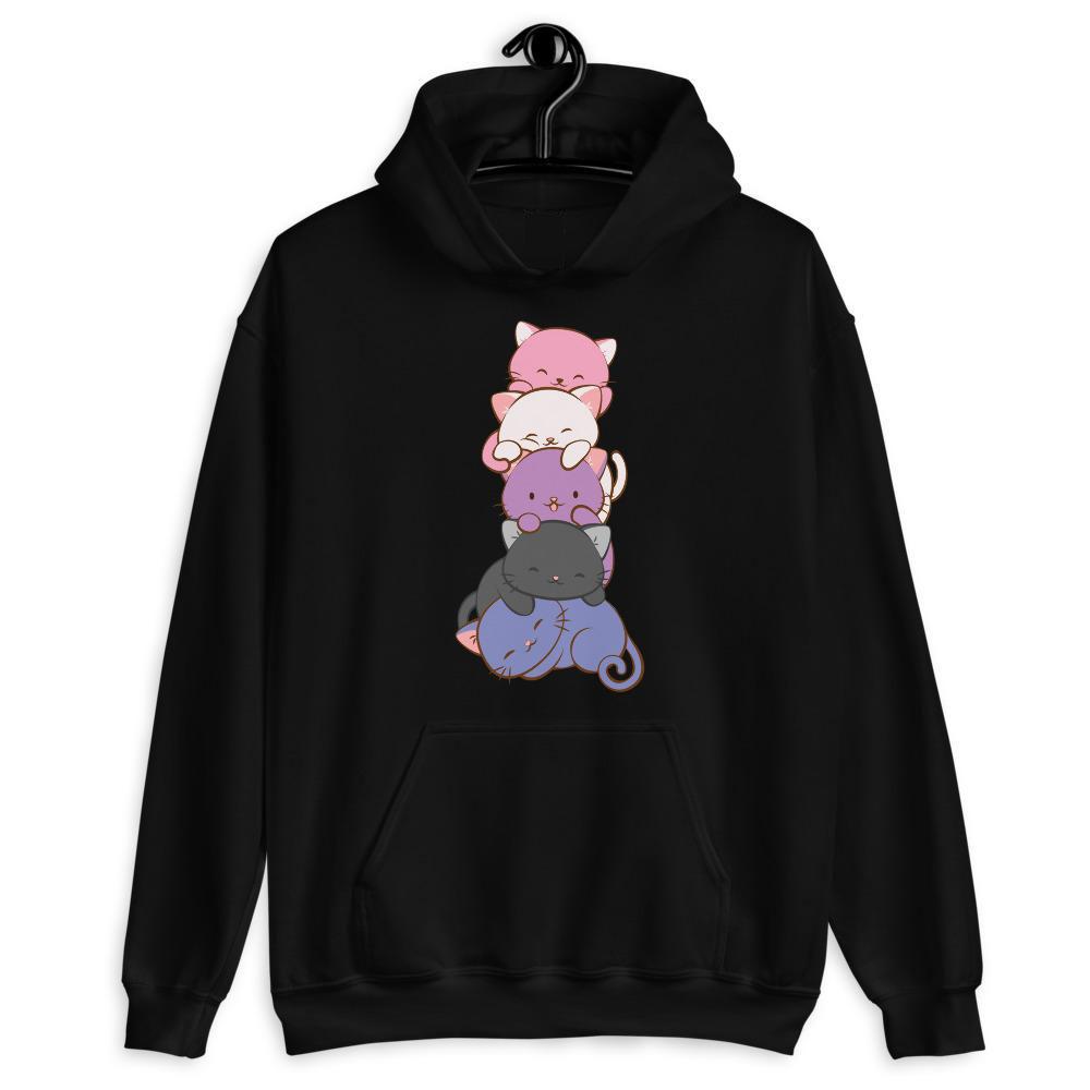 Kawaii Cat Pile Genderfluid Pride Hoodie Black / S