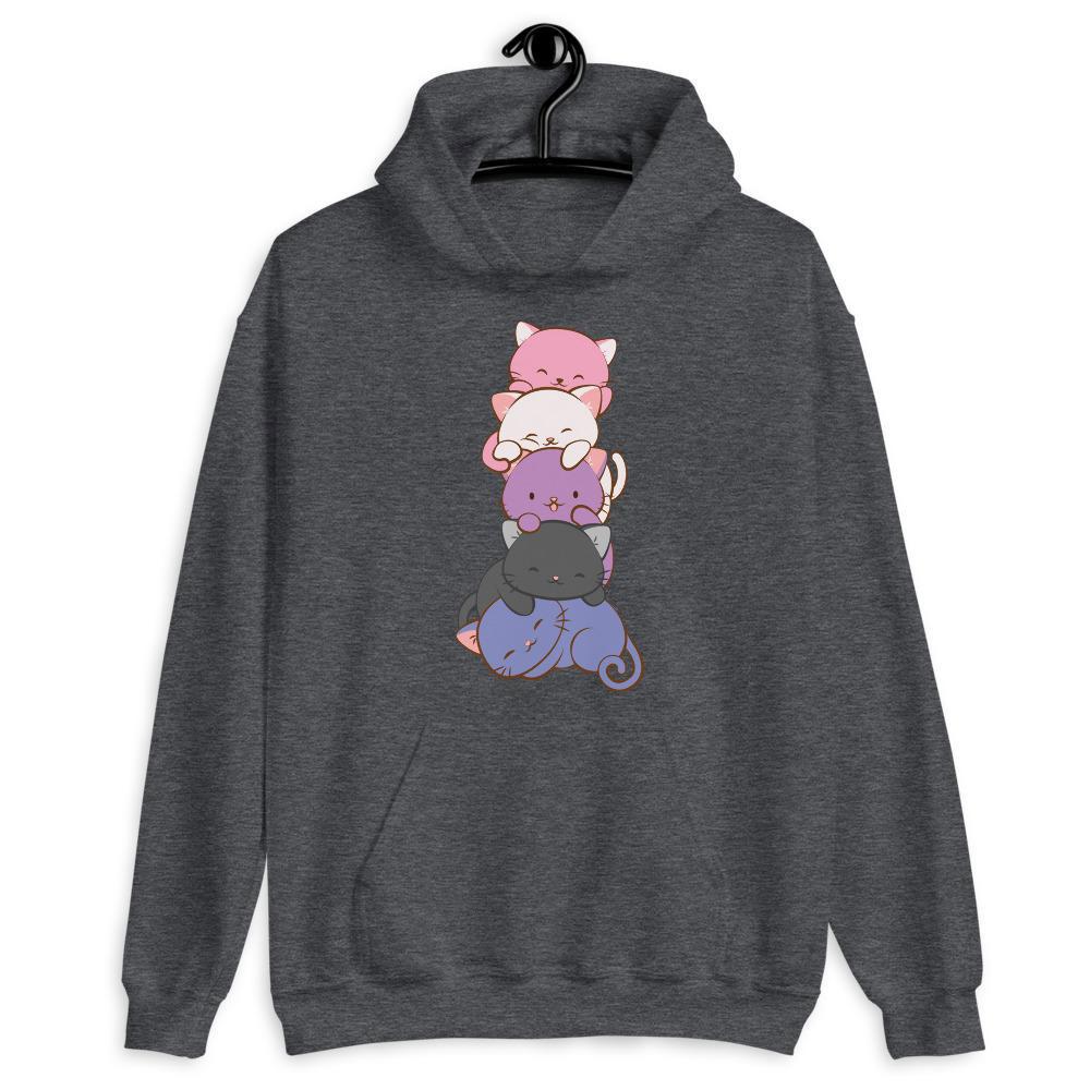 Kawaii Cat Pile Genderfluid Pride Hoodie Dark Heather / S