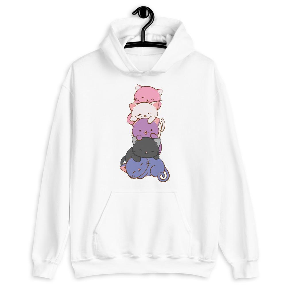 Kawaii Cat Pile Genderfluid Pride Hoodie White / S