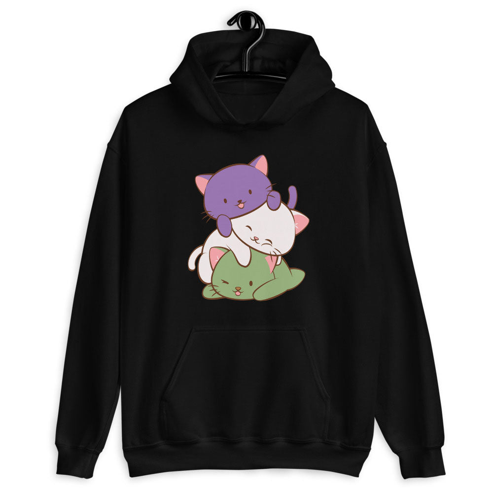Kawaii Cat Pile Genderqueer Pride Hoodie Black / S