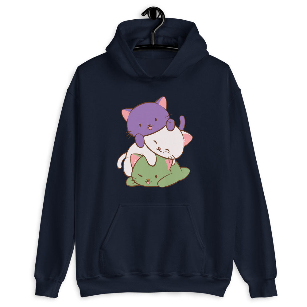Kawaii Cat Pile Genderqueer Pride Hoodie Navy / S