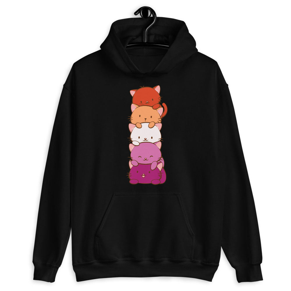 Kawaii Cat Pile Lesbian Pride Hoodie Black / S