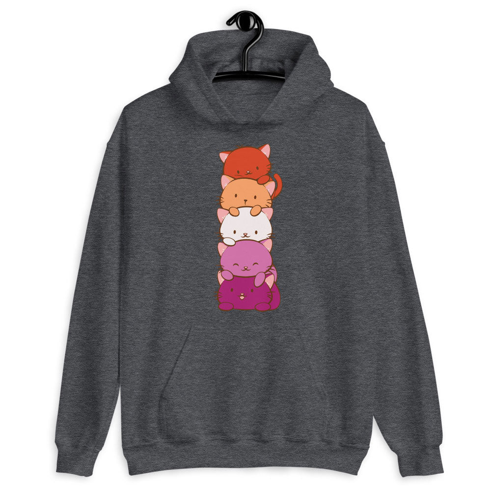 Kawaii Cat Pile Lesbian Pride Hoodie Dark Heather / S