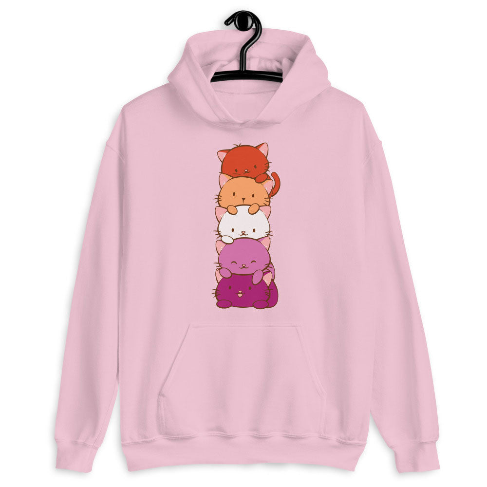 Kawaii Cat Pile Lesbian Pride Hoodie Light Pink / S