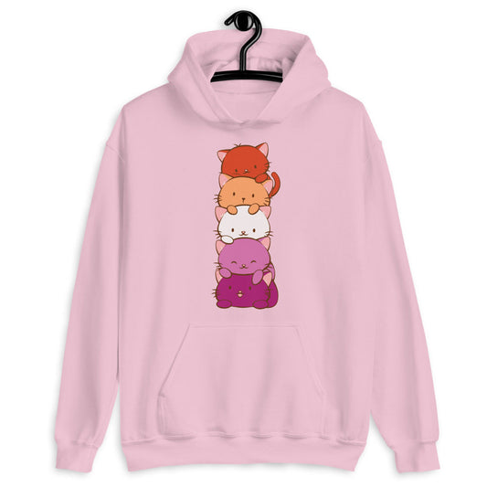 Kawaii Cat Pile Lesbian Pride Hoodie Light Pink / S