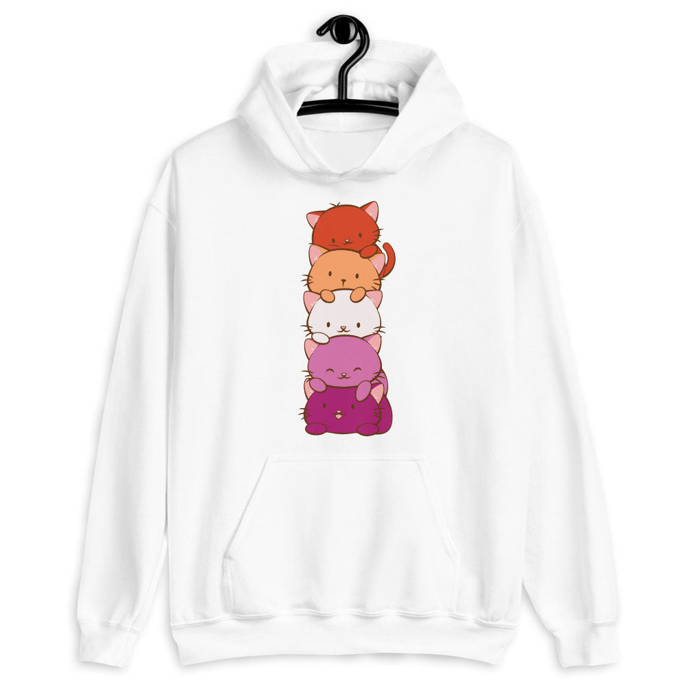 Kawaii Cat Pile Lesbian Pride Hoodie White / S