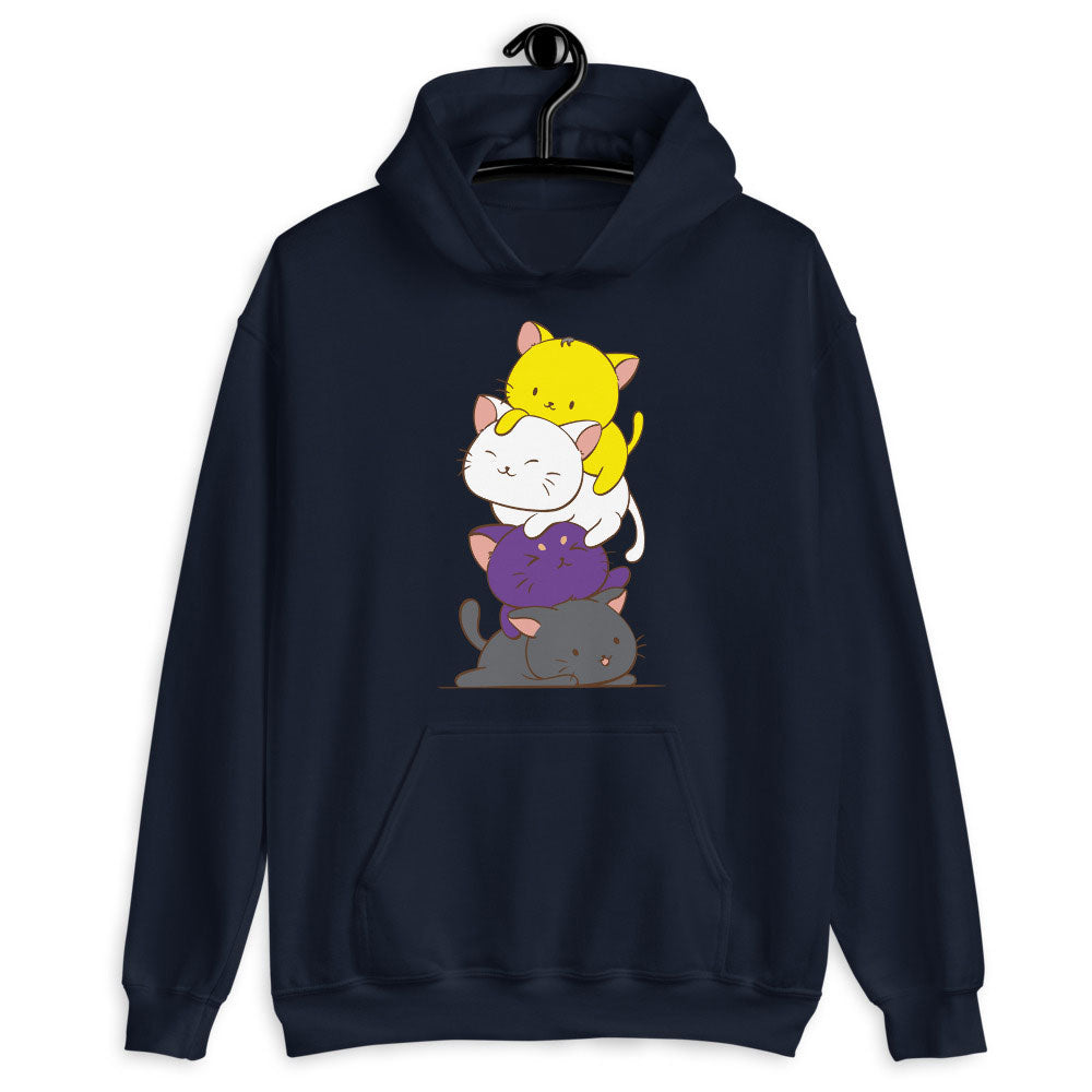 Kawaii Cat Pile Non-Binary Pride Hoodie Navy / S