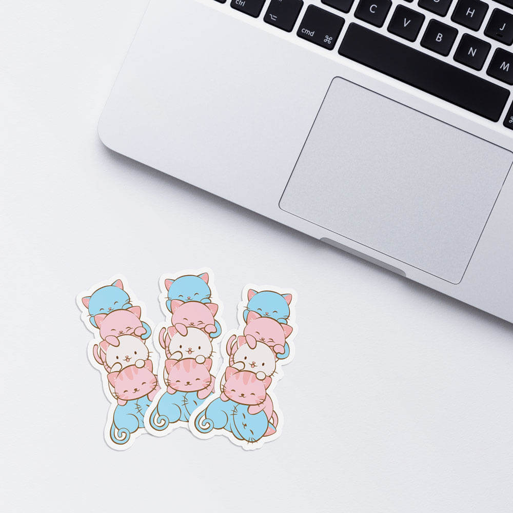 Kawaii Cat Pile Transgender Pride Stickers with laptop