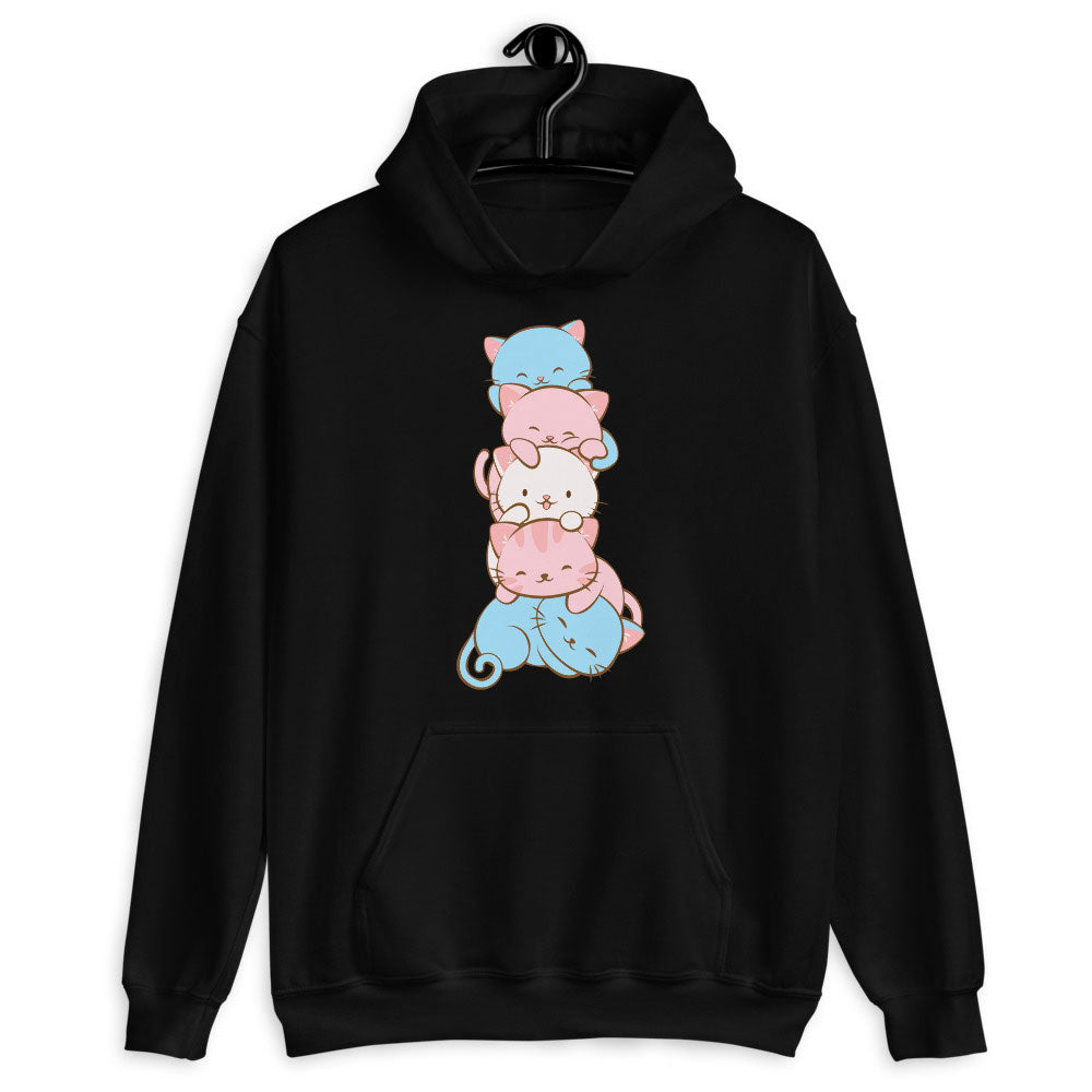 Kawaii Cat Pile Transgender Pride Hoodie Black / S