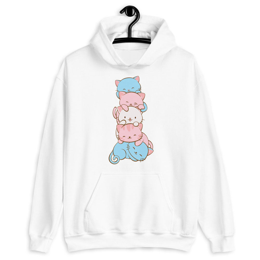 Kawaii Cat Pile Transgender Pride Hoodie White / S