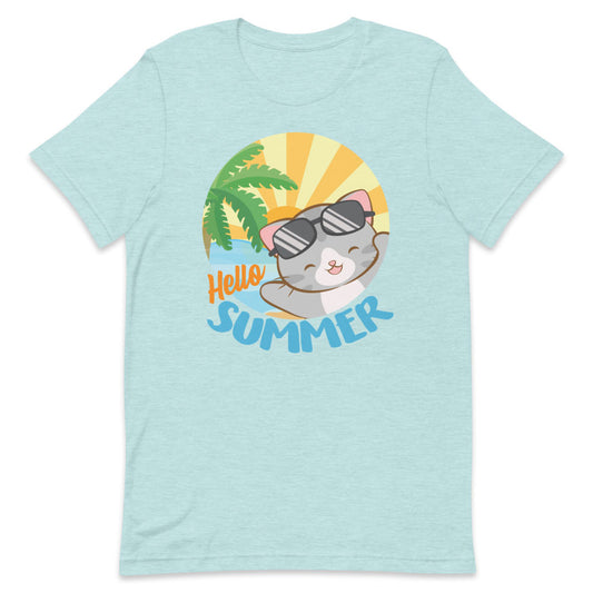 Kawaii Cat at Tropical Beach Hello Summer T Shirt - Heather Ice Blue