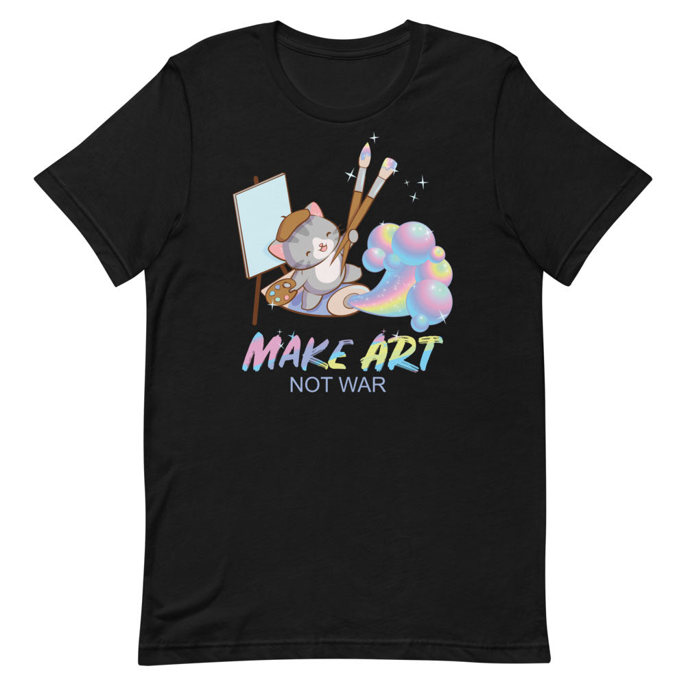 Make Art Not War Kawaii Cat Artist T-shirt S / Black