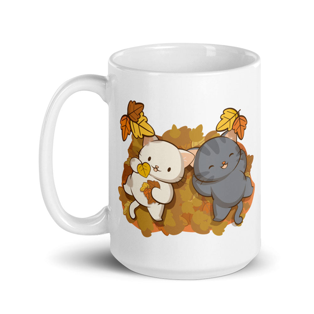 Kawaii Cats and Fall Leaves Cute Mug - white 15oz