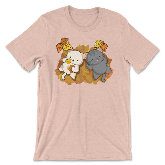 Kawaii Cats and Autumn Leaves Cottagecore Fall Shirt - Heather Peach