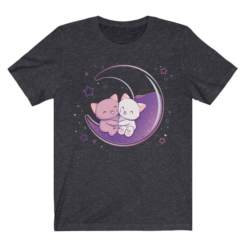 Kawaii Cats on Purple Moon T-shirt - Dark Grey Heather