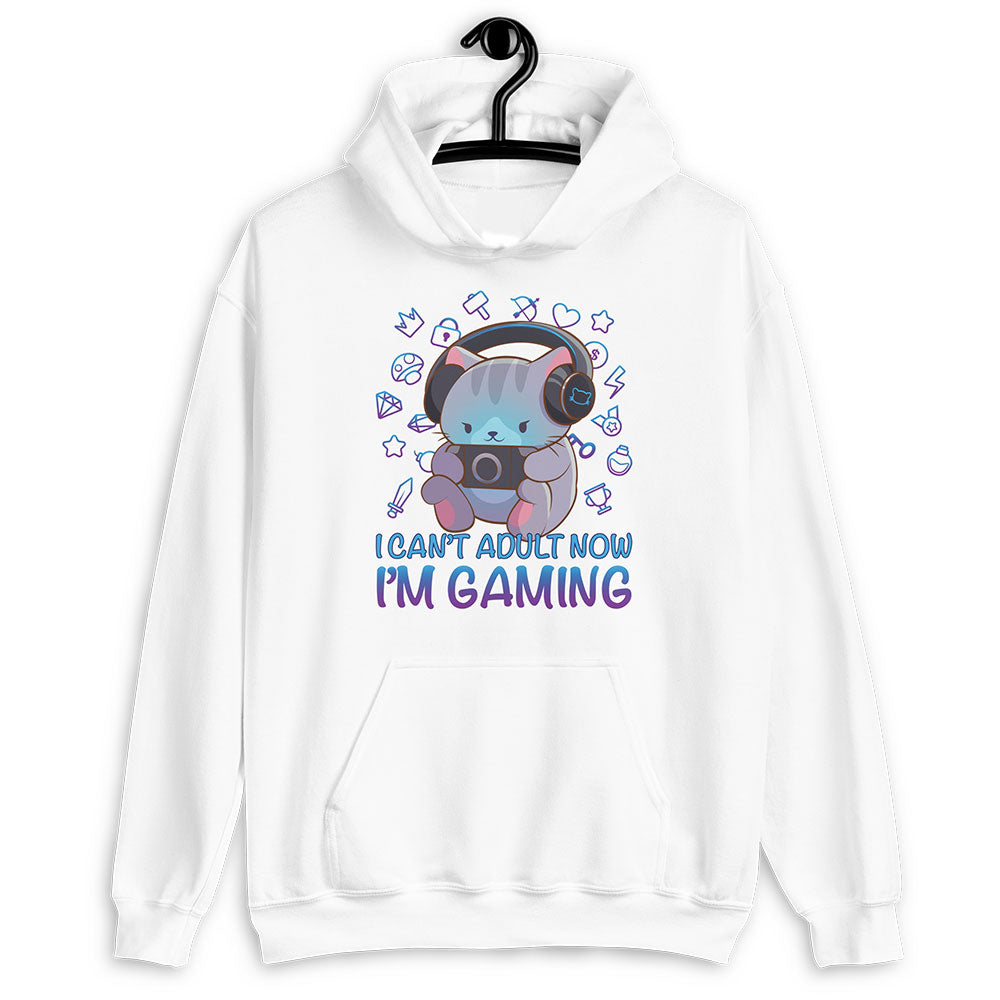 Kawaii Gamer Cat Funny Gaming Hoodie - White