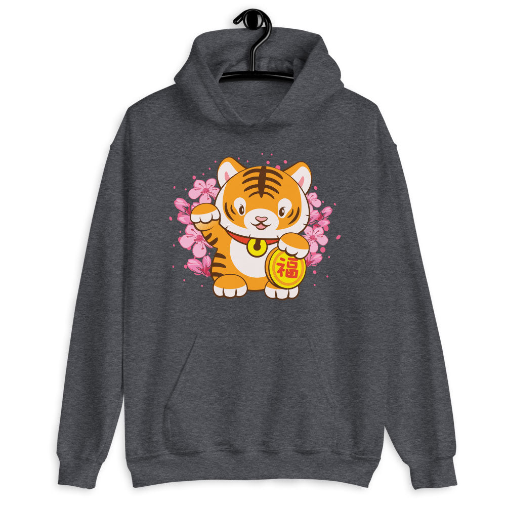 Kawaii Lucky Kitty Year of Tiger Hoodie - Dark Heather