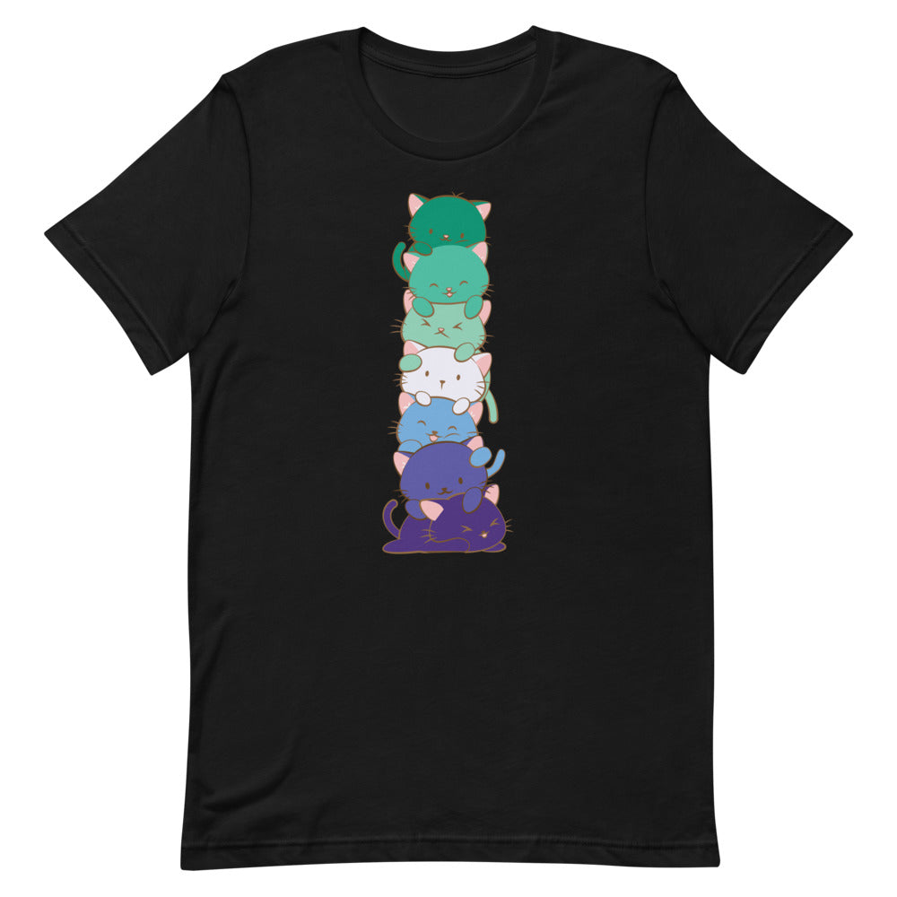 Kawaii Cats Blue Gay Pride Flag LGBTQ MLM T-shirt- Black