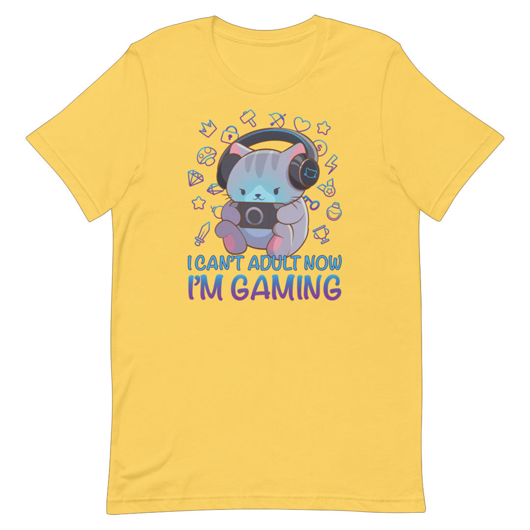 Kawaii Gaming Cat Funny Video Game T-shirt for Gamers S / Yellow