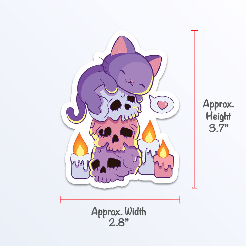 Kitty Cat on Skulls Pastel Goth Aesthetic Cute Kawaii Sticker - measurements