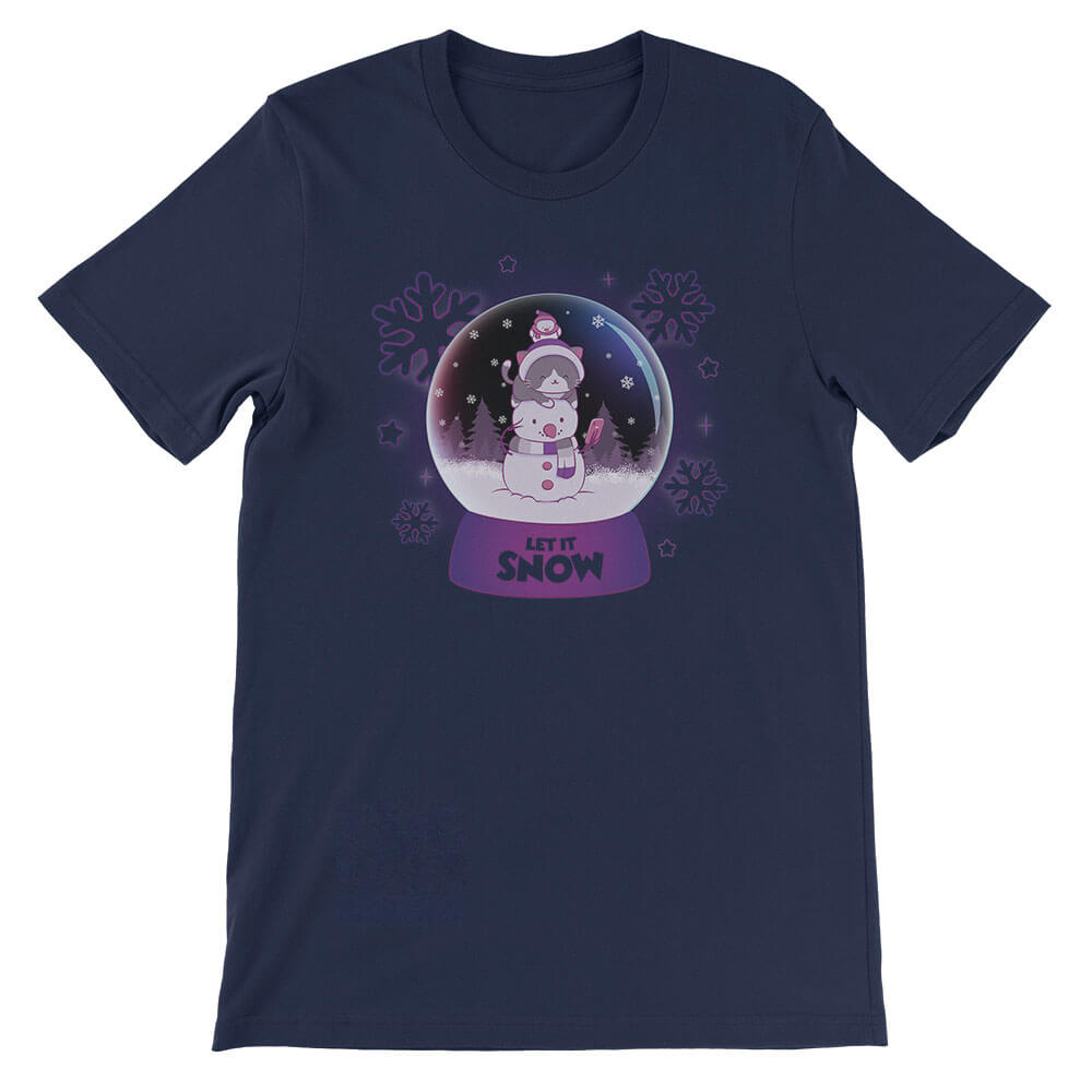 Let it Snow Kawaii Cat and Snowman T-shirt Navy