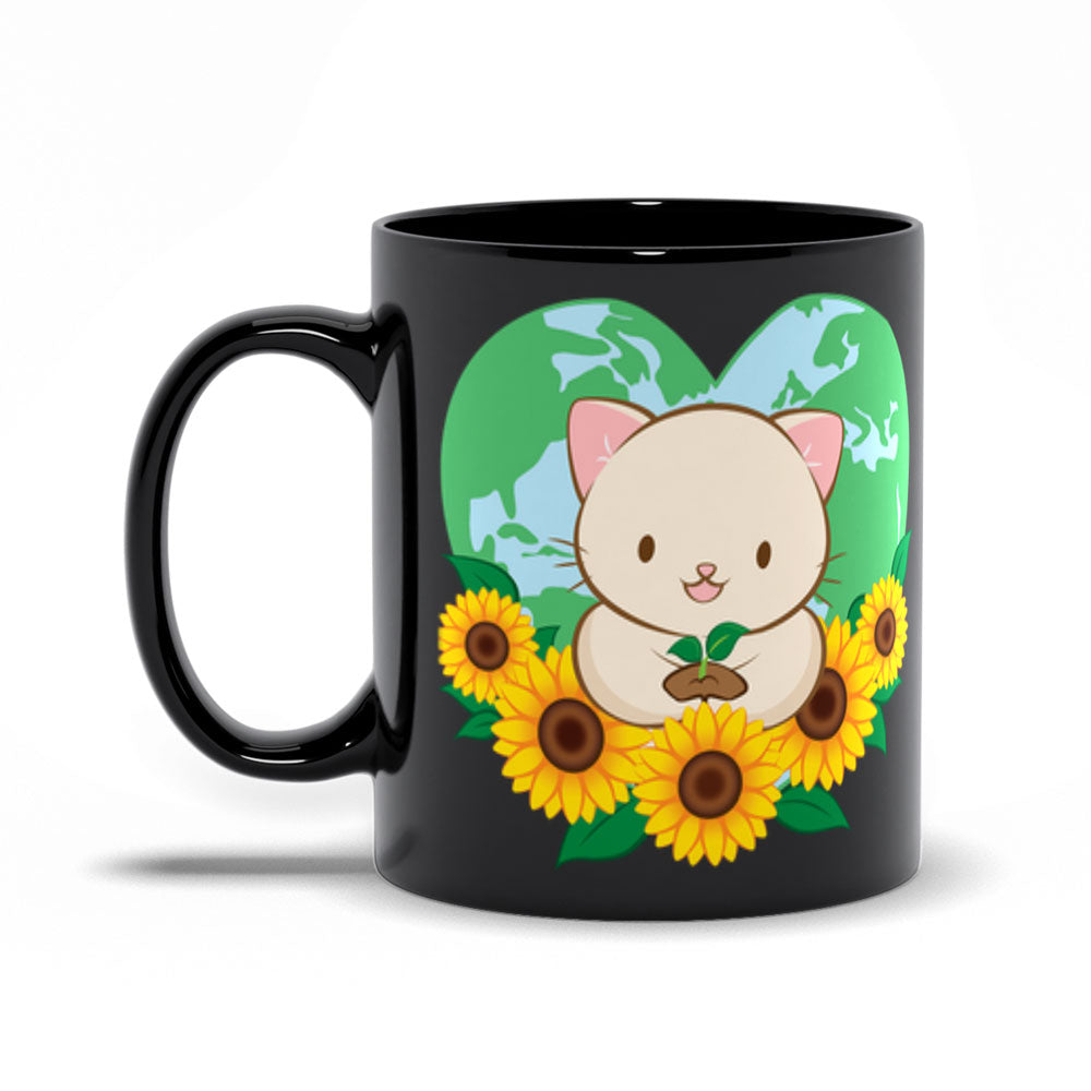 Love Our Earth Kawaii Cat Cute Coffee Mug - Black 11oz