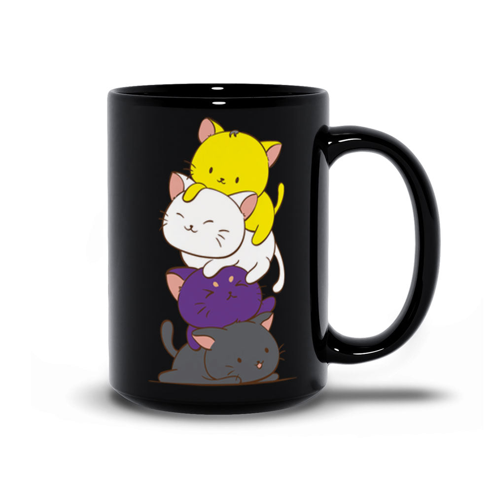 Non-Binary Pride Cute Kawaii Cat Mug 15 oz / Black