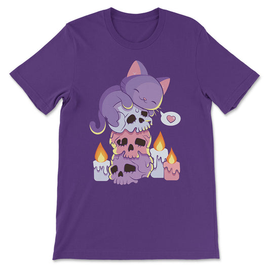 Purple Cat on Skulls Kawaii Aesthetic Pastel Goth Shirt - Purple