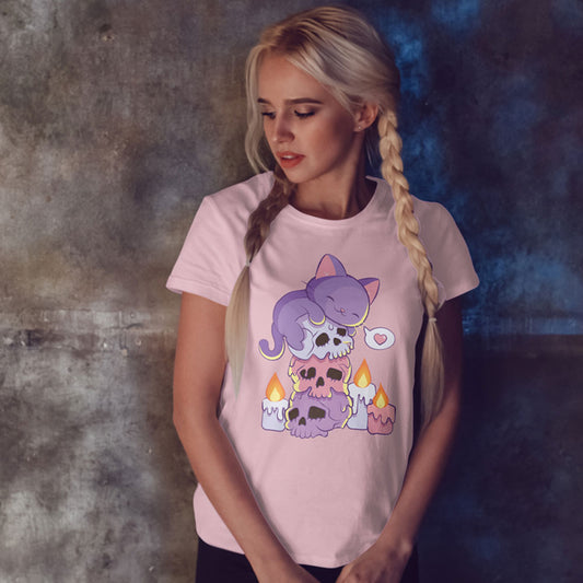 Purple Cat on Skulls Kawaii Aesthetic Pastel Goth Shirt for Women